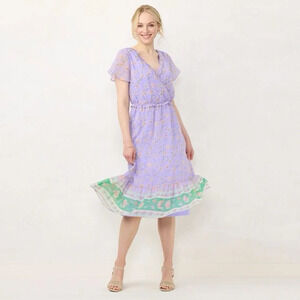 Lauren Conrad XS Flutter Sleeve Wrap Midi Dress Bouquet floral Prep Cottegecore